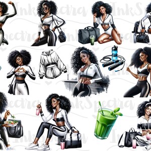 May include: A digital illustration set of 10 images featuring a woman in various fitness poses. The woman is wearing athletic clothing and holding fitness equipment, such as a jump rope, a water bottle, and a smoothie. The images are set against a white background.