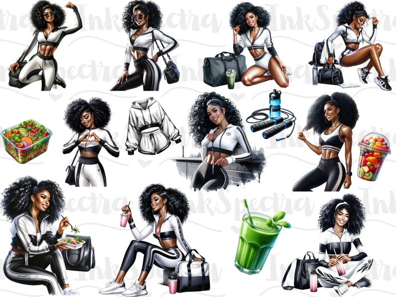 May include: A digital illustration set of 10 images featuring a woman in various fitness poses. The woman is wearing athletic clothing and holding fitness equipment, such as a jump rope, a water bottle, and a smoothie. The images are set against a white background.