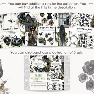 May include: A collection of digital art sets with a spooky Halloween theme. The sets feature watercolor illustrations of skulls, butterflies, haunted houses, and other eerie elements. The text reads "Haunted Mass Manor" and "Collection".