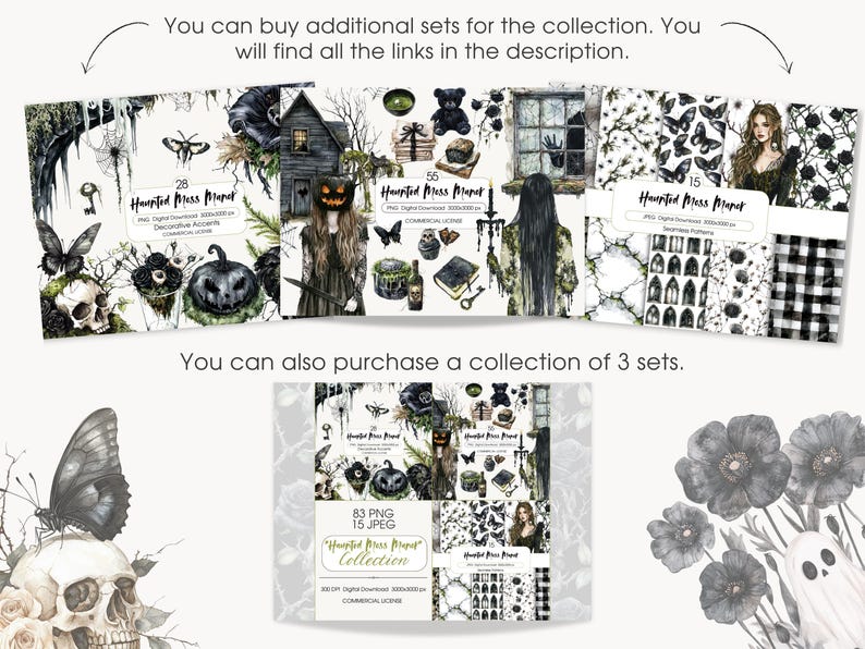 May include: A collection of digital art sets with a spooky Halloween theme. The sets feature watercolor illustrations of skulls, butterflies, haunted houses, and other eerie elements. The text reads "Haunted Mass Manor" and "Collection".