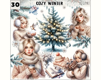 May include: A digital illustration of a winter scene with four women wearing cozy sweaters and earmuffs. The women are surrounded by a decorated Christmas tree, a book, a mug of hot chocolate, and a bouquet of flowers. The text "COZY WINTER" is at the top of the image.