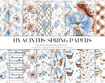 May include: 20 digital papers featuring watercolor illustrations of hyacinths, roses, butterflies, books, cupcakes, and a woman holding a bouquet of hyacinths. The papers are seamless and perfect for planners, scrapbooking, notebooks, and journaling.  HYACINTHS SPRING PAPERS. 20 JPEG seamless patterns for planner, scrapbooking, notebook, journaling.