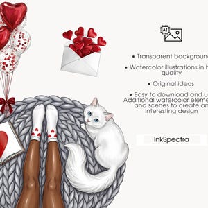 May include: Watercolor illustration featuring a white cat with blue eyes, red heart-shaped balloons, and a book with a heart on a gray knitted blanket. An envelope with red hearts is also present.