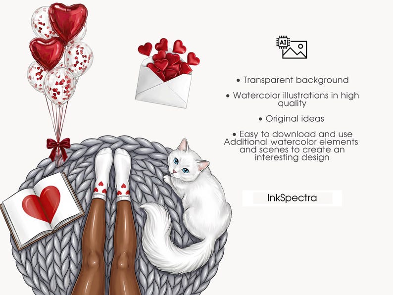 May include: Watercolor illustration featuring a white cat with blue eyes, red heart-shaped balloons, and a book with a heart on a gray knitted blanket. An envelope with red hearts is also present.