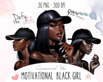 May include: Three digital illustrations of Black women with short black hair wearing black baseball caps. The women are wearing black shirts and have a light skin tone. The text "Defy the odds" is in the top left corner of the image. The text "Own our story" is in the top right corner of the image. The text "Motivational Black Girl" is at the bottom of the image.