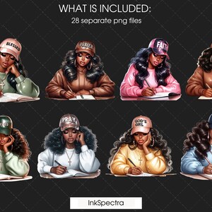 May include: Digital illustrations of eight women with different hairstyles wearing various hats with religious messages. Each woman is holding a journal and a pen, and they are all looking down at their journals.