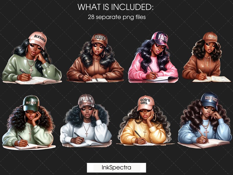 May include: Digital illustrations of eight women with different hairstyles wearing various hats with religious messages. Each woman is holding a journal and a pen, and they are all looking down at their journals.