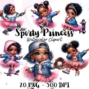 Princesa esportiva preta Chibi boneca clipart, arte infantil atlética Chibi, beisebol skate futebol Chibi, boneca preta Chibi princesa clipart PNG