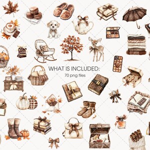May include: Watercolor illustration featuring various autumn-themed items. Includes pumpkins, books, a rocking chair, a deer, and a laptop. The text "WHAT IS INCLUDED: 70 png files" is also present. The color palette is dominated by warm browns and oranges.