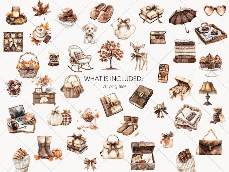 May include: Watercolor illustration featuring various autumn-themed items. Includes pumpkins, books, a rocking chair, a deer, and a laptop. The text "WHAT IS INCLUDED: 70 png files" is also present. The color palette is dominated by warm browns and oranges.