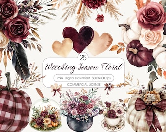 May include: A digital download graphic featuring watercolor illustrations of pumpkins, roses, and floral arrangements in burgundy, cream, and gold tones. The text "Witching Season Floral" is displayed with a number 25.