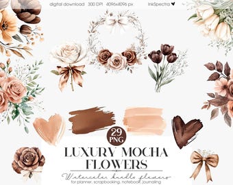 Mocha Floral PNG Clipart, Scrapbook, Planner (Digital Download)