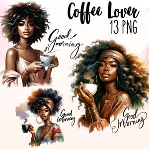 Bundel Boho Black Girl Coffee Lover Clipart, Black Woman Magic, Coffee Drinks Clipart, Good Morning, Coffee Girl, Morning with coffee