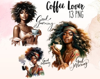 Boho Black Woman Coffee-clipartbundel (13 png)