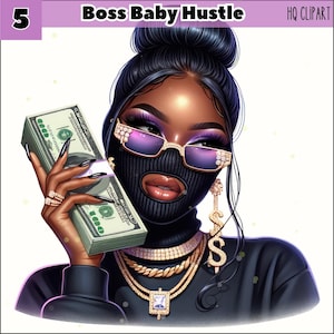 Clipart di ragazze nere di Hustle, PNG di ragazza nera con soldi, ragazza nera urbana, ragazza nera magica, donna con maschera da sci Hustle PNG, donna gangster