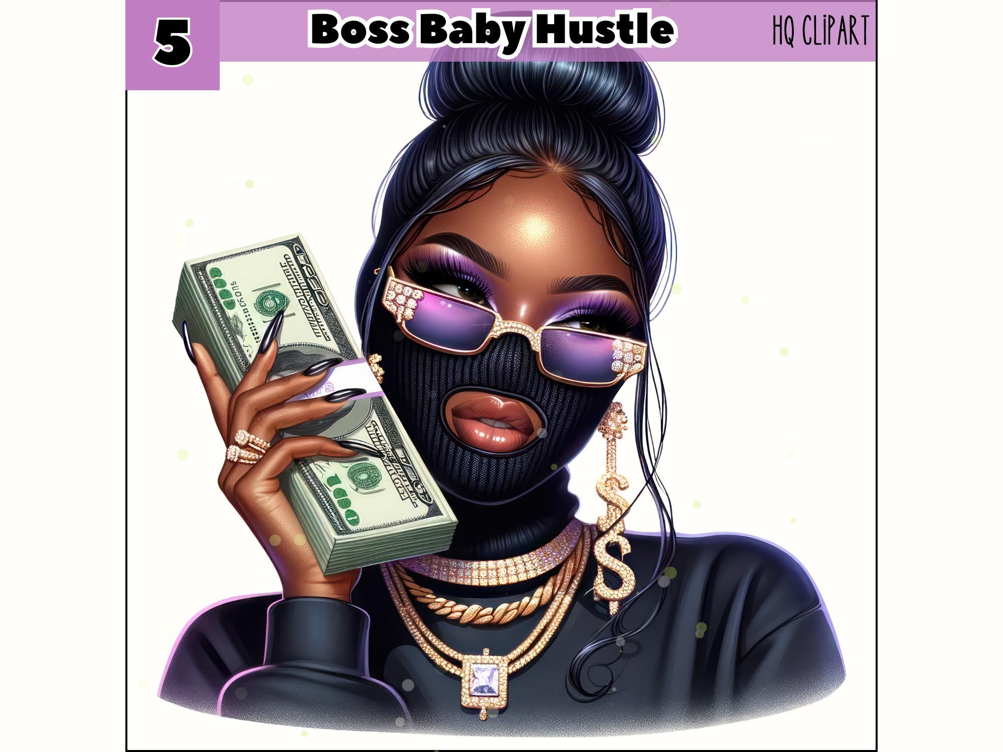 Bundle Hustle Black Girls Clipart, Black Girl With Money PNG, Urban Black Girl, Black Girl Magic, Hustle Ski Mask Woman Png, Gangster Woman