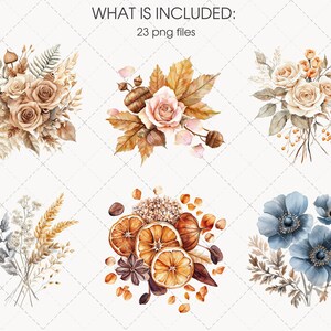 May include: Watercolor illustrations of floral arrangements, including roses, anemones, and dried oranges. The arrangements feature a variety of colors, including beige, brown, and blue. The text "WHAT IS INCLUDED: 23 png files" is at the top.