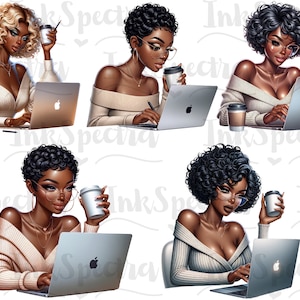 May include: Four digital illustrations of women working on laptops with coffee cups. Each woman has dark skin, short curly hair, and is wearing a white sweater. The laptops are silver with a white apple logo.