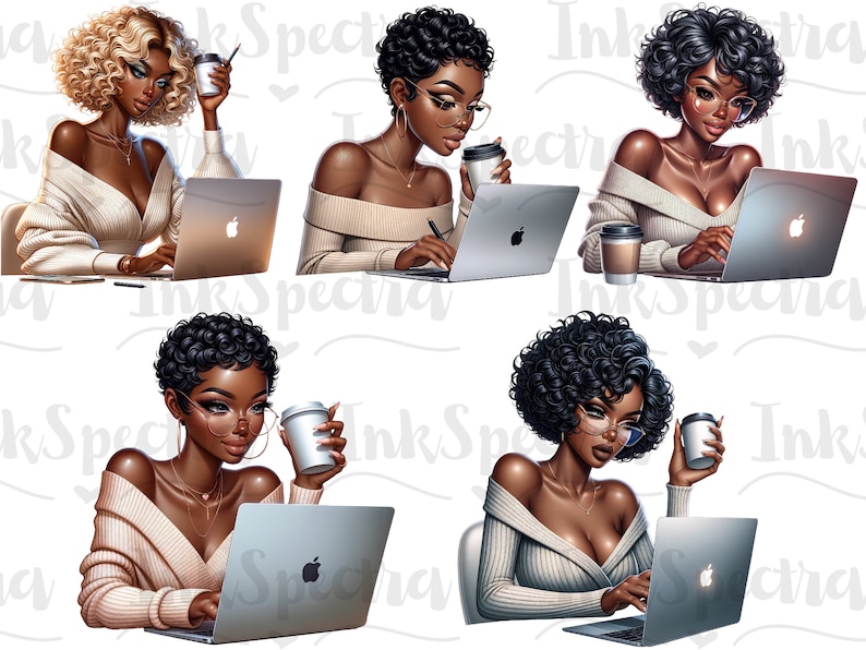 May include: Four digital illustrations of women working on laptops with coffee cups. Each woman has dark skin, short curly hair, and is wearing a white sweater. The laptops are silver with a white apple logo.