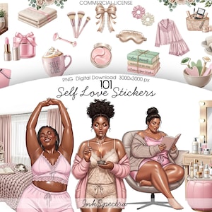Könnte beinhalten: Digitale Illustration von Selbstpflegeartikeln und Frauen. Das Bild enthält Schönheitsprodukte, Bücher und einen Schminktisch. Der Text "Self Love Stickers" und "Self Care" ist sichtbar. Die Farbpalette ist zartrosa und beige.