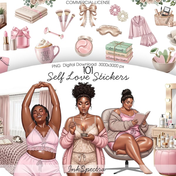 Pegatinas de mujeres negras que se cuidan a sí mismas, imágenes prediseñadas para agendas (paquete PNG)