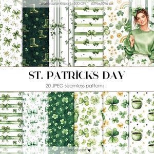 Könnte beinhalten: Ein Set mit 20 digitalen nahtlosen Mustern mit St. Patrick's Day-Motiven. Die Muster beinhalten Kleeblätter, Schleifen, Streifen und Goldtöpfe. Die Muster sind in Grün-, Weiß- und Goldtönen gehalten.