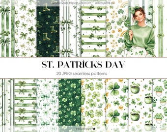 May include: A set of 20 digital seamless patterns featuring St. Patrick's Day themes. The patterns include shamrocks, bows, stripes, and pots of gold. The patterns are in shades of green, white, and gold.