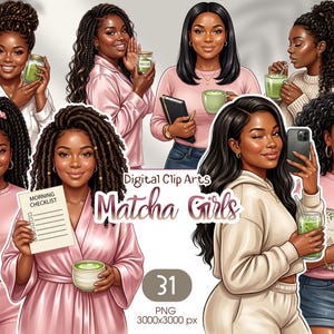 Schwarze Frau Matcha Clipart, Planer Aufkleber, dass Mädchen zeichnen Illustration, digitaler Download