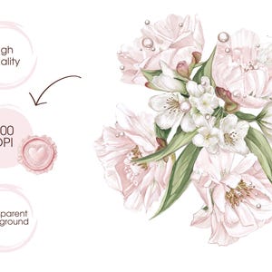 May include: Watercolor illustration of a bouquet of pink and white flowers with green leaves and a butterfly. The image includes text that says "High quality", "300 DPI", and "Transparent Background".