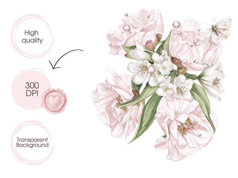 May include: Watercolor illustration of a bouquet of pink and white flowers with green leaves and a butterfly. The image includes text that says "High quality", "300 DPI", and "Transparent Background".