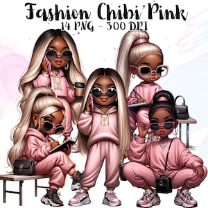 Pacchetto di ragazze nere in stile Chibi rosa, Clipart afroamericane, PNG per ragazze alla moda, Magia della donna nera, Stile urbano, Chibi bionda fashionista