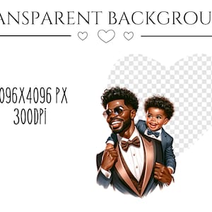 May include: A digital illustration of a father and son wearing matching suits and bow ties. The father is wearing sunglasses and smiling. The son is looking at the camera and smiling. The background is a transparent heart shape.