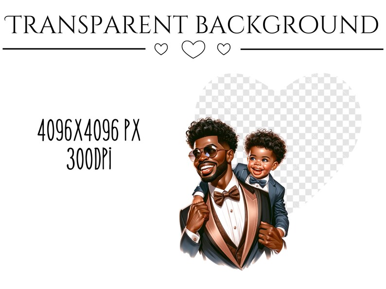 May include: A digital illustration of a father and son wearing matching suits and bow ties. The father is wearing sunglasses and smiling. The son is looking at the camera and smiling. The background is a transparent heart shape.