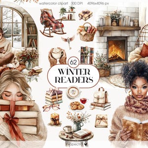 Clipart de lecture d'hiver, amateurs de livres à l'aquarelle dans des tons bruns terre cuite, fille noire avec un livre, esthétique bohème cottagecore, autocollants numériques