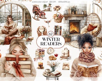 Winter Reading Clipart, Boho Book Lover Stickers (Digital Download)