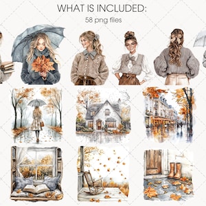 May include: Watercolor illustrations featuring autumn themes. Includes images of women, fall scenes with umbrellas, a house, and cityscapes. The text "WHAT IS INCLUDED: 58 png files" is at the top.