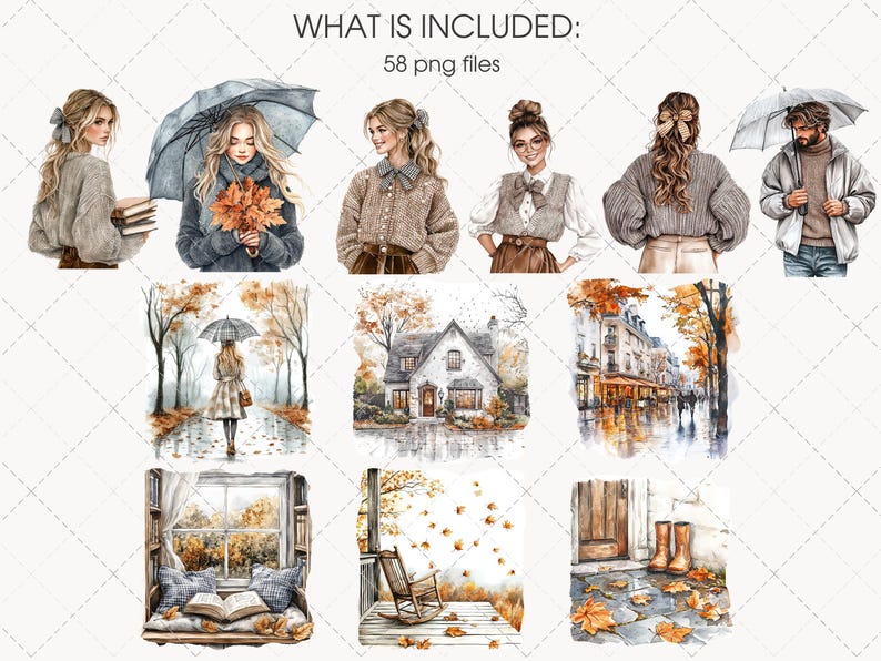 May include: Watercolor illustrations featuring autumn themes. Includes images of women, fall scenes with umbrellas, a house, and cityscapes. The text "WHAT IS INCLUDED: 58 png files" is at the top.