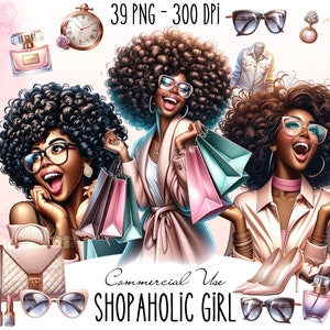 Shopagolic Fashion Black Girls Watercolor Illustration Digital, Black Women Magic, Shopping Clipart Transparent Background, For POD Products