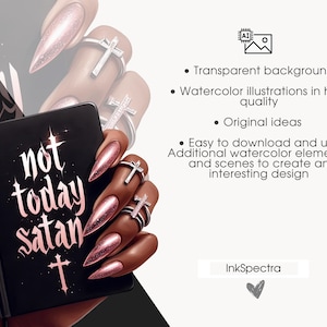 May include: A black notebook with the words "not today satan" written in white lettering with a silver cross underneath. The notebook is held by a hand with pink nail polish and silver rings with crosses.