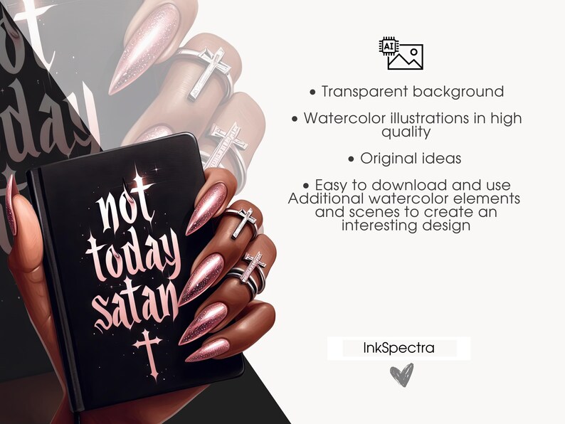 May include: A black notebook with the words "not today satan" written in white lettering with a silver cross underneath. The notebook is held by a hand with pink nail polish and silver rings with crosses.