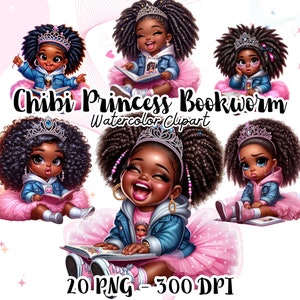 Schwarze Mädchen Bücherwurm Clipart, Chibi Prinzessin Lesekunst, Aquarell Kleine Prinzessin PNG, Kinderbuch Illustration, Kinder Lesekunst