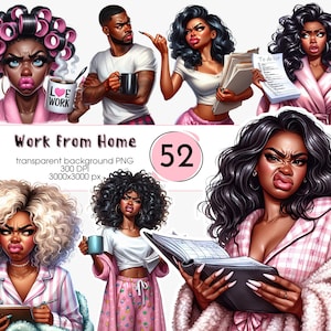 Könnte beinhalten: Digitale Illustration mit mehreren schwarzen Frauen und einem schwarzen Mann mit ausdrucksstarken Gesichtern. Das Bild enthält den Text "Work From Home" und einen rosa Kreis mit der Nummer "52". Die Frauen sind in verschiedenen Kleidungszuständen, einige im Pyjama.