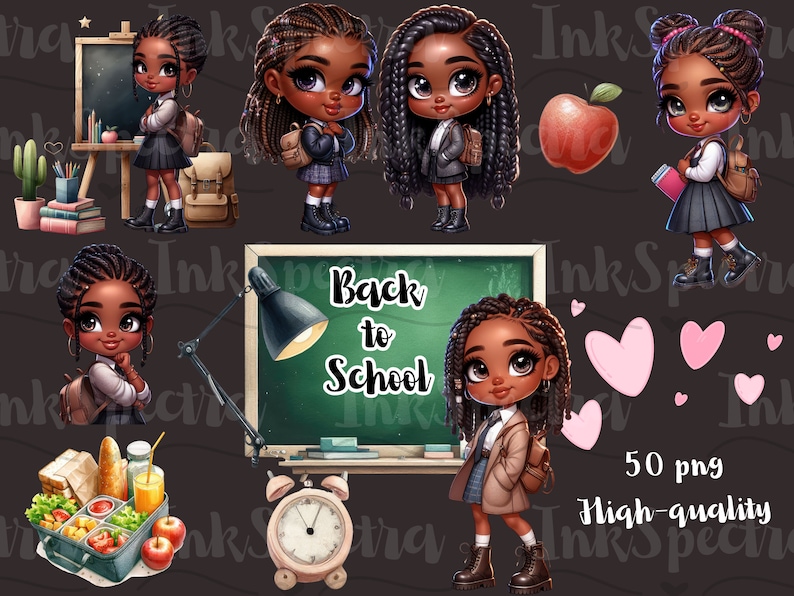 May include: A digital illustration of a classroom scene with a chalkboard that says "Back to School" and several cartoon girls with brown skin wearing school uniforms. There are also hearts, a lunchbox, an apple, and a lamp.