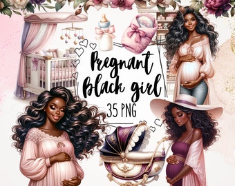 May include: A digital illustration set of a pregnant Black woman in various poses, including holding a baby carriage, standing with her hands on her belly, and wearing a hat. The set also includes a baby crib, a bottle, and a baby shoe. The text "Pregnant Black Girl 35 PNG" is included in the image.