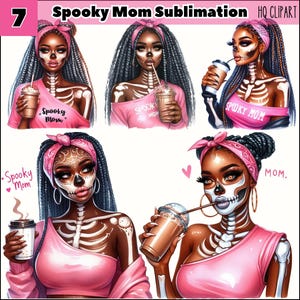 May include: Four digital illustrations of a woman with a skeleton face and pink clothing. She is holding a cup of coffee in each image. The text "Spooky Mom" appears in each image.
