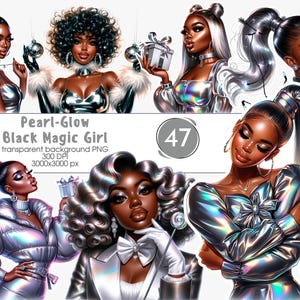 Op de afbeelding: Digitale kunst met meerdere illustraties van zwarte vrouwen in zilveren en iriserende kleding. De tekst "Pearl-Glow Black Magic Girl" wordt weergegeven, samen met andere details. De afbeeldingen hebben een fantasiethema.
