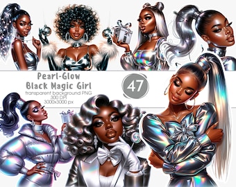 May include: Digital art featuring multiple illustrations of Black women in silver and iridescent clothing. The text "Pearl-Glow Black Magic Girl" is displayed, along with other details. The images have a fantasy theme.