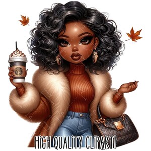 May include: A digital illustration of a Black woman with curly hair wearing a brown fur coat, a red sweater, blue jeans, and holding a cup of coffee. She is holding a purse in her other hand. There are fall leaves in the background.