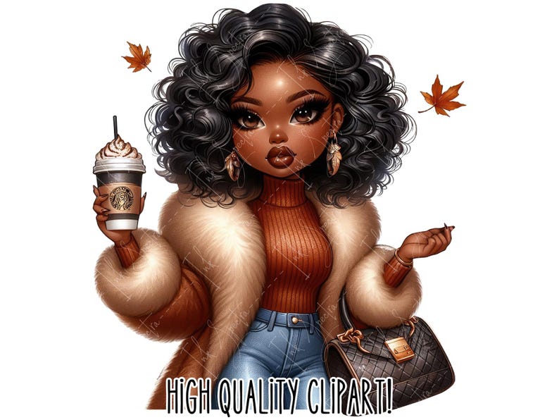 May include: A digital illustration of a Black woman with curly hair wearing a brown fur coat, a red sweater, blue jeans, and holding a cup of coffee. She is holding a purse in her other hand. There are fall leaves in the background.