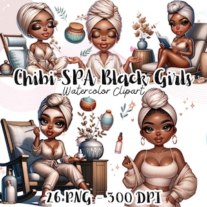 Ensemble de cliparts Chibi soins personnels, SPA Chibi Black Girls, clipart magie femme noire, clipart journée Spa PNG, clipart fille planificateur, thème de la relaxation